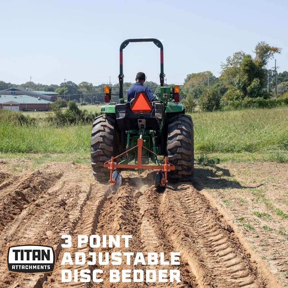 Titan Attachments 3 Point 48" Adjustable Disc Bedder Fits Cat 1 Tractors, Quick Hitch Compatible, Cultivator Garden Bedder and Hiller Attachment, 16" Disc Blades for Outdoor Field Work