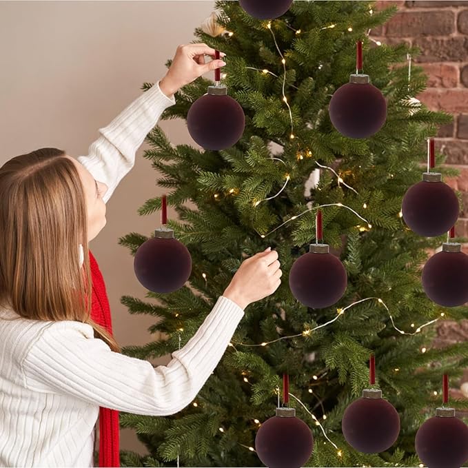 12 Pcs Velvet Christmas Balls Bulk Shatterproof Plastic Christmas Tree Decorations for Decorative Hanging Baubles (12, Coffee, 3.15Inch)