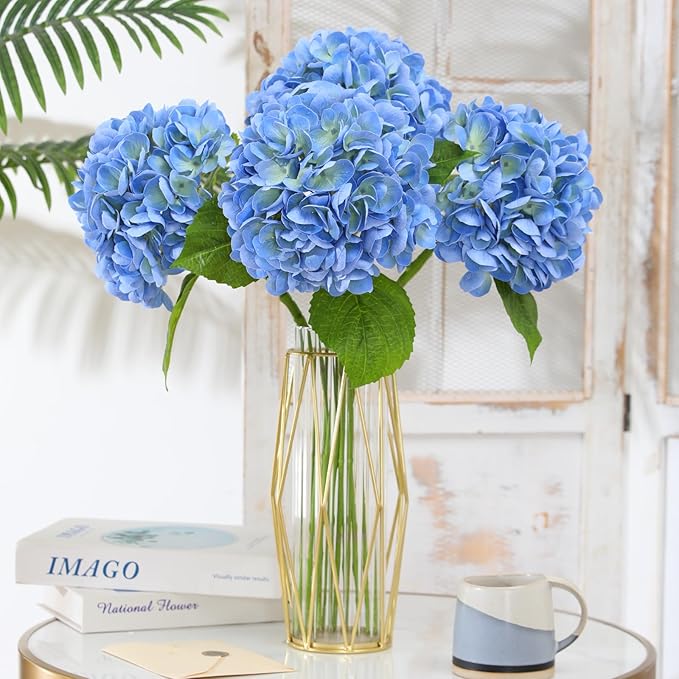 Nubry 22.44In Blue Hydrangea Artificial Flowers,4Pcs Latex Faux Real Touch Large Hydrangea Flowers with Long Stems & Leaves for Home Office Decor Wedding Party Arrangements(Blue)
