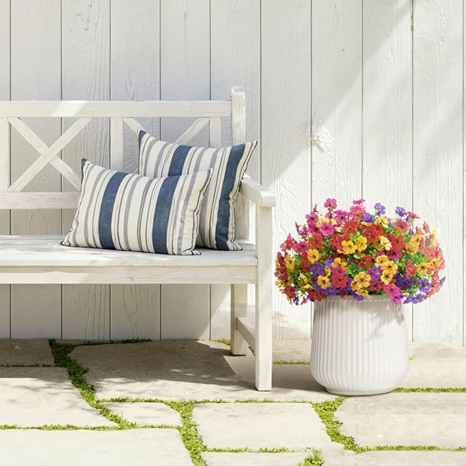 Lifewit Artificial Flowers for Outdoor Indoor, 12 Bundles Plastic Fake Flowers Daisy with Eucalyptus Leaves for Home Garden Decor, Porch, Window Box(Mix for Fuchsia Purple Yellow Red)