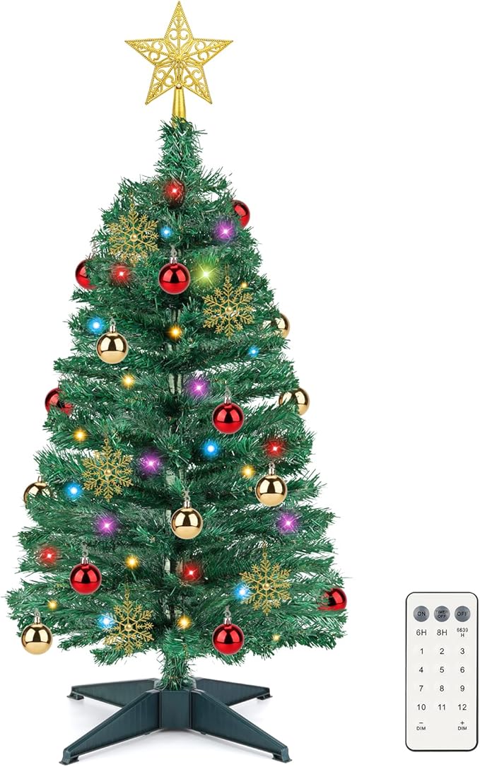 3 FT Artificial Christmas Tree with Lights - 12 Lighting Modes, Timer&Ornaments, Mini Fake Xmas Tree for Tabletop, Home, Office, Christmas Decoration Tree Decor