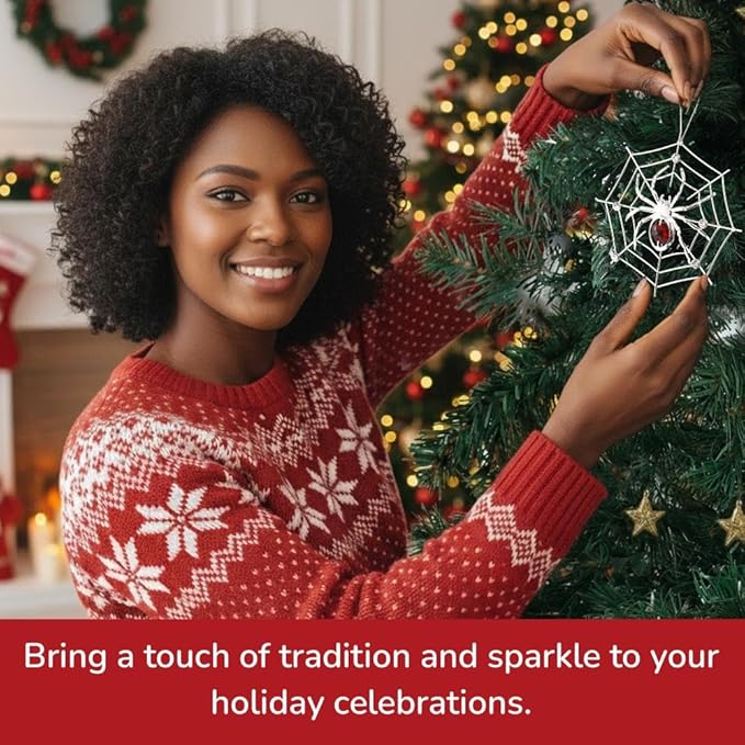 Matashi Silver Plated Christmas Tree Spider Ornament w Red, Clear Crystals Lucky Hanging Decoration, Holiday Ornament Gift, Unique Spider Decor for Christmas & Halloween Party w Tinsel Legend Story