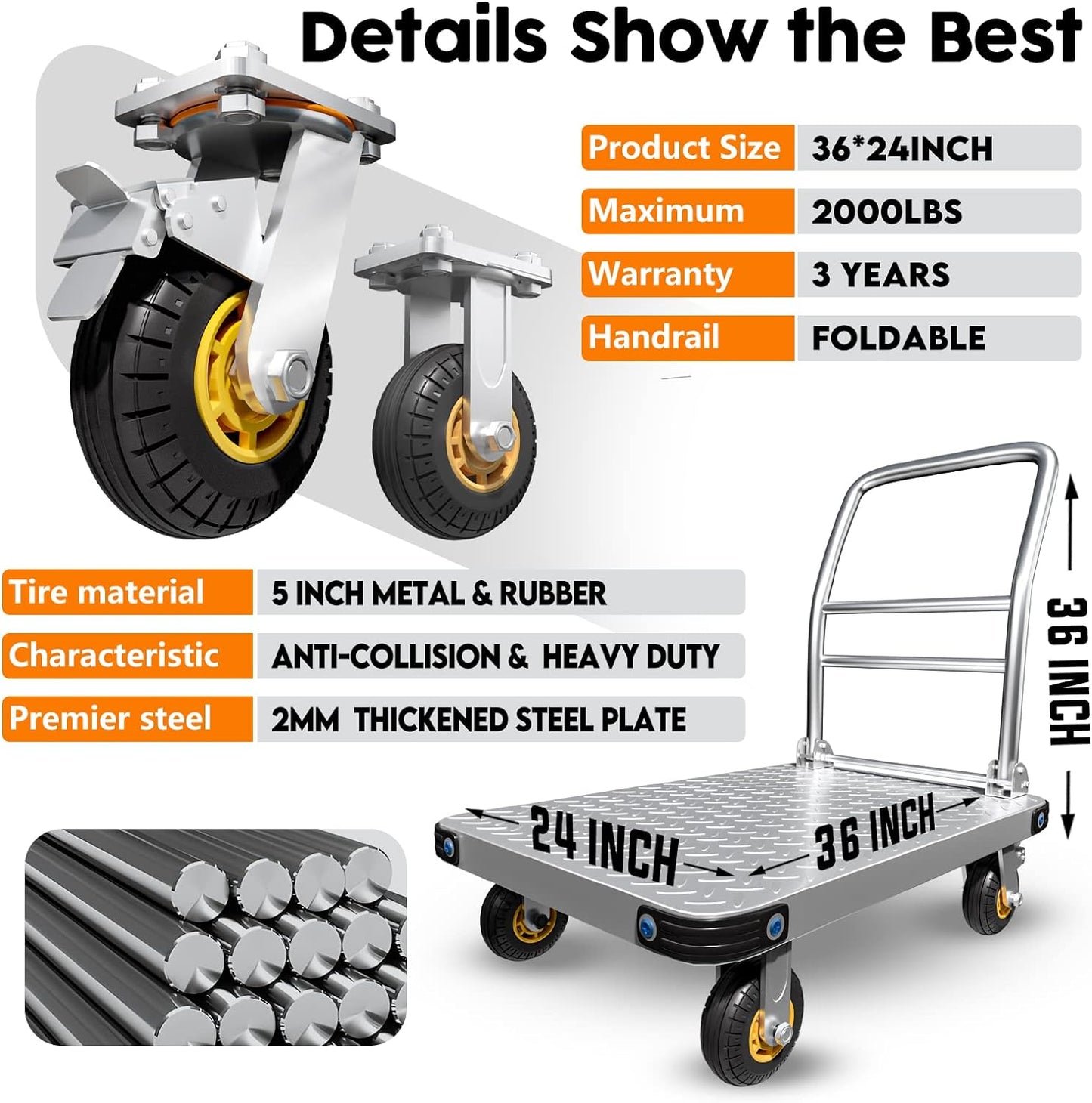 Heavy Duty Platform Truck Flat Moving Cart Hand Trucks,2000Lbs Steel Push Cart Dolly, 36 x 24in Large Flatbed with 5'' 360 Degree Swivel Wheels for Easy Storage