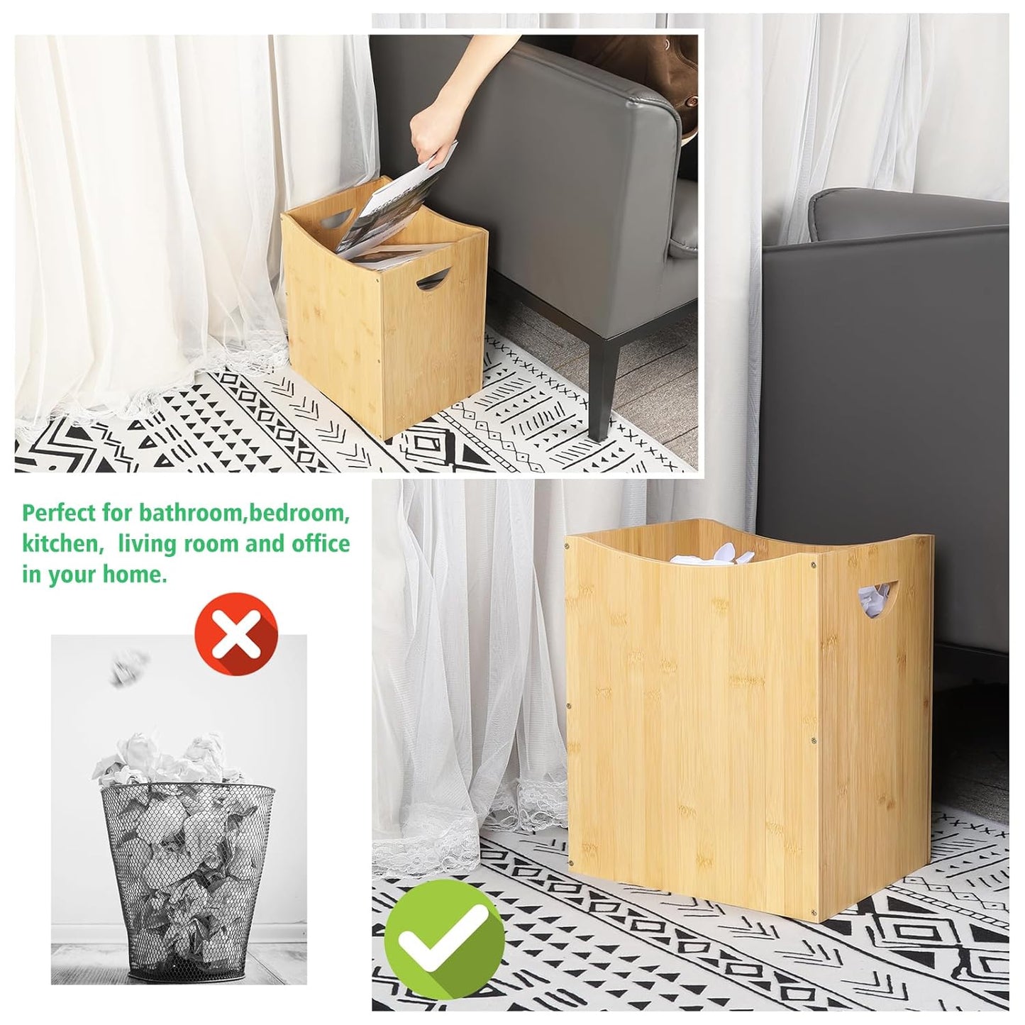 Trash Can Rectangular 5 Gallon Bamboo Waste Basket with Handles, Farmhouse Wastebaskets for Bathroom Office Trash Cans Square Bedroom Garbage Can Recycling Bin for Living Room Kitchen Under Counter