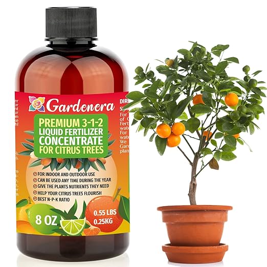 Premium Liquid Citrus Tree Plant Fertilizer - 3-1-2 Concentrate for Indoor Plants and Flowers by Gardenera | Organic Plant Food for Citrus Trees - 8oz