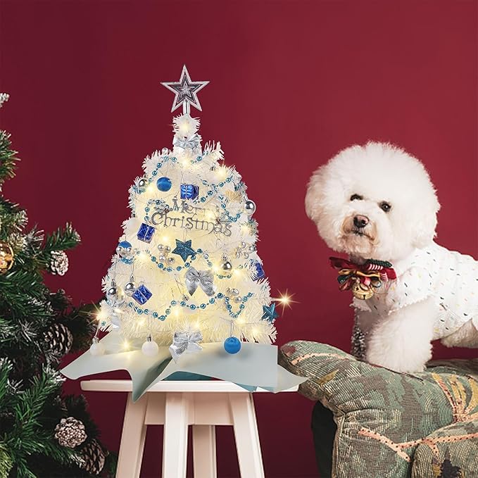 Juegoal White Mini Christmas Tree, 24 Inch/2 FT Lighted Tabletop Artificial Xmas Pine Tree, Small Spruce Tree Light Up Battery Operated & Timer with 50 LED Lights, for Holiday Winter Home Party Decor