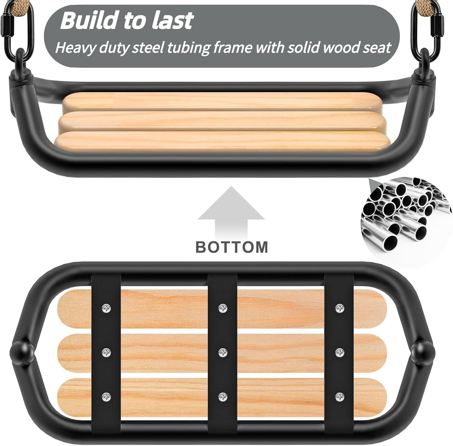 SELEWARE Hanging Wood Swing Seat Tree Swing for Kids, 100% Polyester Weather Proof Rope Heavy Duty Steel Tubing Structure Backyard Swing Set Replacement