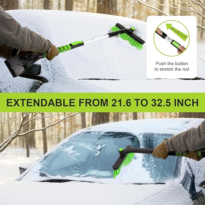 Yougfin Snow Brush with Ice Scraper 33 inch, 2 in 1 Extendable Snow Removal for Cars with Foam Grip and 360° Pivoting Brush Head, Heavy Duty Snow Cleaner for Auto Truck SUV