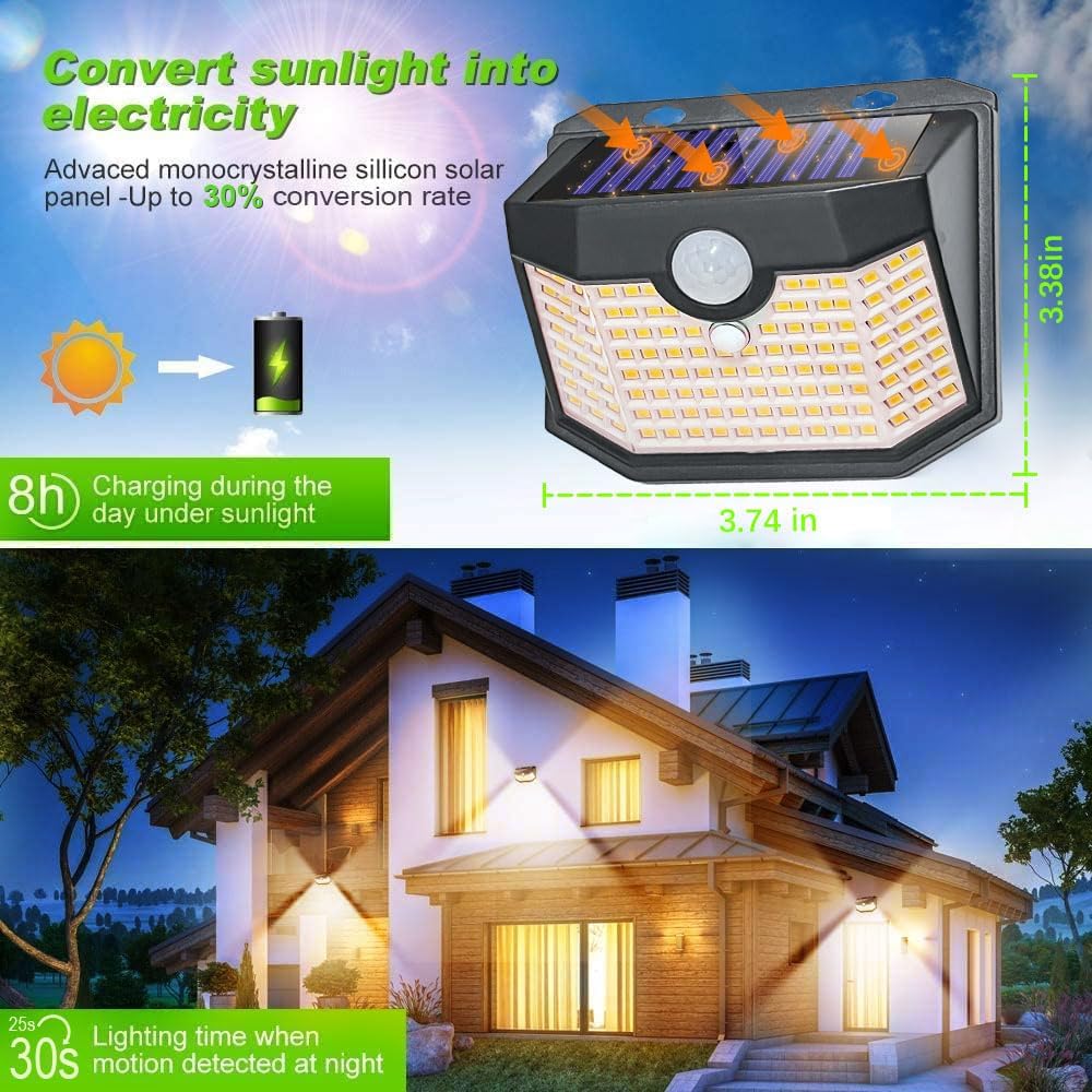 HMCITY 120 LED Outdoor Solar Lights- with Motion Sensor and 3 Lighting Modes, IP65 Waterproof Wide Solar Wall Lights Ideal for Garden Patio Yard (Front Button 4Packs, Warm White)