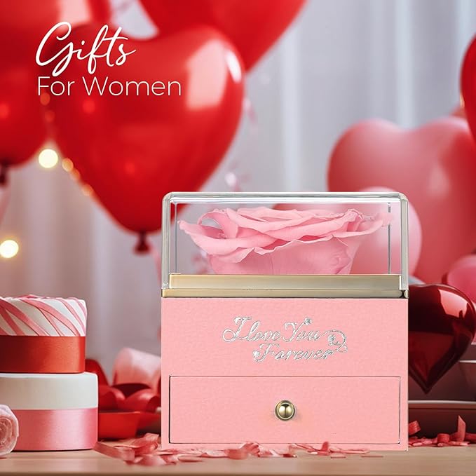 NEWNOVE Preserved Real Pink Rose with Angel Wings Necklace -Forever Flowers Gifts for Women Wife Girlfriend Mom and Grandma, Anniversary Birthday Gifts for Women