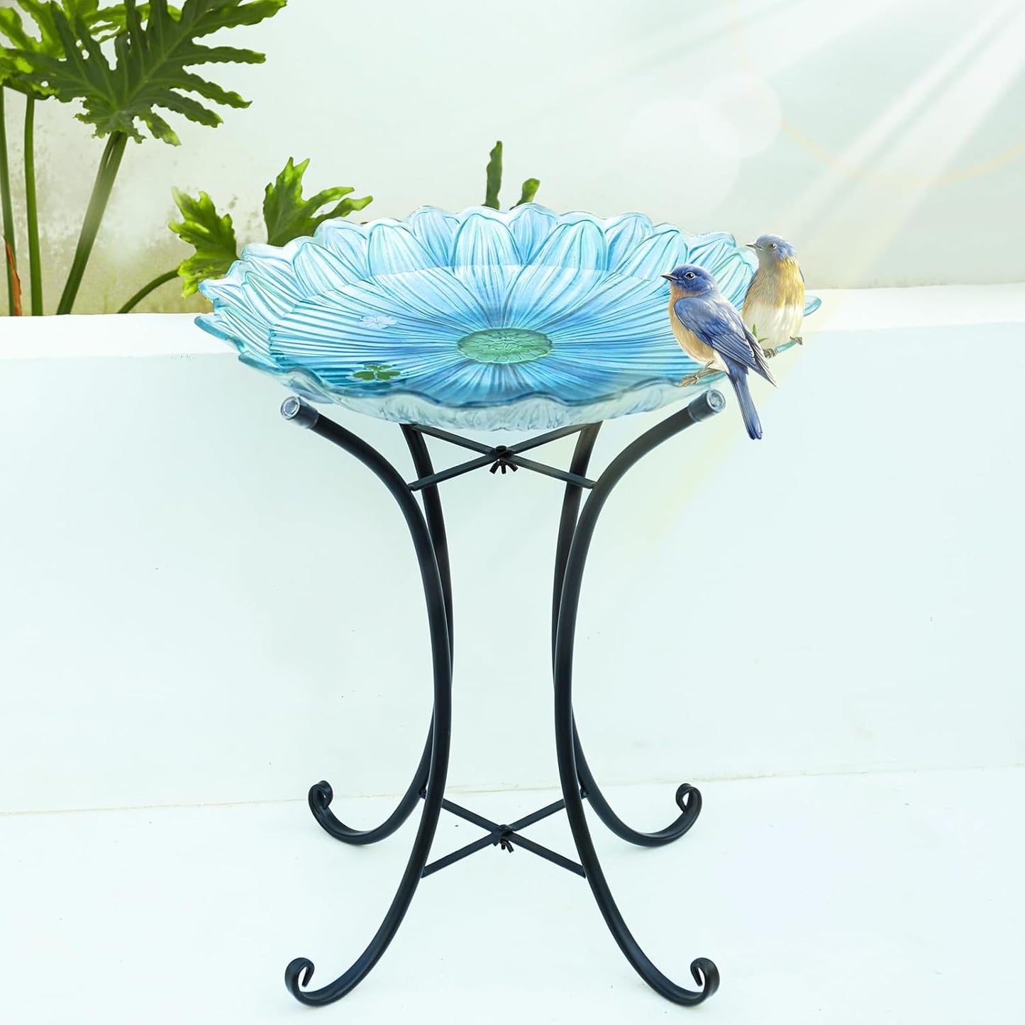 MUMTOP Outdoor Glass Birdbath with Metal Stand for Outside Yard Garden Decor, 18 inch Diameter Blue Bird Baths Bowl for Outdoors, 21 inch Height