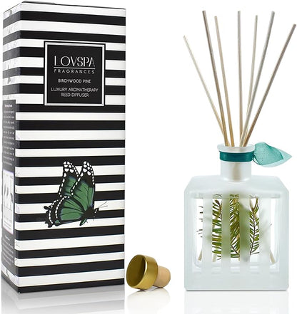 LOVSPA Reed Diffuser Set, Birchwood Pine Scented Oil Diffuser with Sticks, Home Fragrance Accessories for Bathroom Shelf Decor, Aroma Diffusers for Home or Office Desk, USA Made