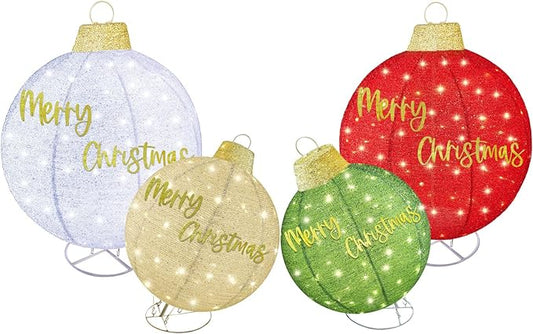 HOYECHI 4-Piece Oversized Christmas Ornament Set – Lighted Holiday Balls with 400 LEDs, 8 Lighting Modes, Waterproof Outdoor Yard Decorations - Red/Green/White/Yellow