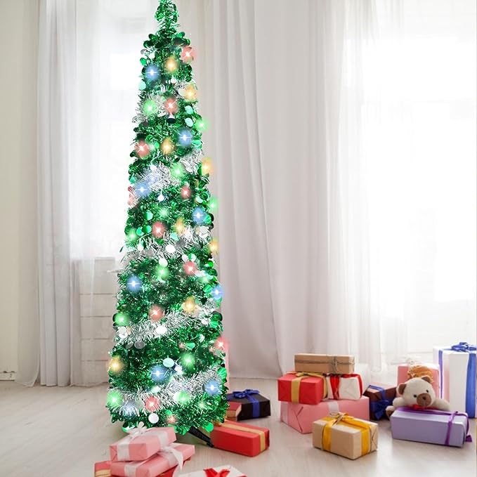 5FT Pop Up Christmas Tree with 90 LED Lights, Collapsible Artificial Pencil Christmas Tree, Tinsel Skinny Christmas Trees for Home Apartment Porch Indoor Outdoor Holiday Decorations