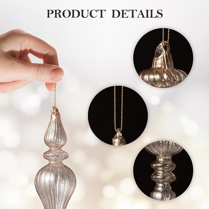 DN DECONATION Mercury Glass Finial Christmas Ornaments, Large Hanging Teardrop Ornament, Shiny Ball Ornaments for Xmas Tree, Winter Wedding, Party, Holiday Home (4-Pieces, Champagne Gold)