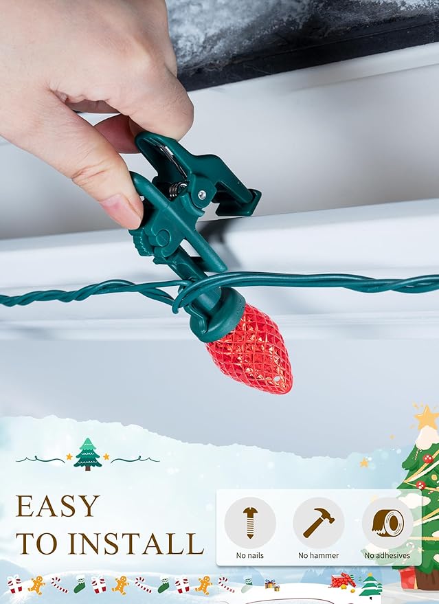 C9 LED Christmas Lights Outdoor, 66 Feet 100 LED C9 String Light with 100 Spring Clips, Waterproof Connectable Multicolor Christmas Tree Lights for Outside Roofline, Patio, Home Xmas Decor, 2 Pack