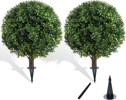 Set of 2 Artificial Boxwood Ball Trees for Outdoor with Spike, UV Resistant Faux Topiary Ball, Fake Plants Greenery Round Shrubs Bushes for Entryway Front Porch Decor