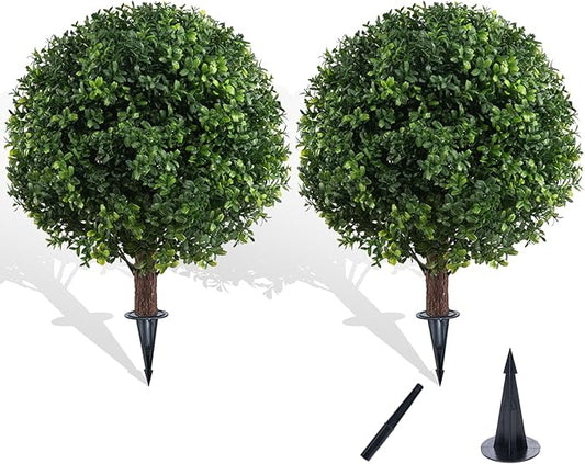 Set of 2 Artificial Boxwood Ball Trees for Outdoor with Spike, UV Resistant Faux Topiary Ball, Fake Plants Greenery Round Shrubs Bushes for Entryway Front Porch Decor