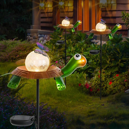 Afirst Solar Lights Outdoor Decorative Metal Turtle Crackle Glass Globe with Butterfly Warm White LED Metal Waterproof Garden Stake Lights for Walkway Pathway Lawn Patio Yard Decorations