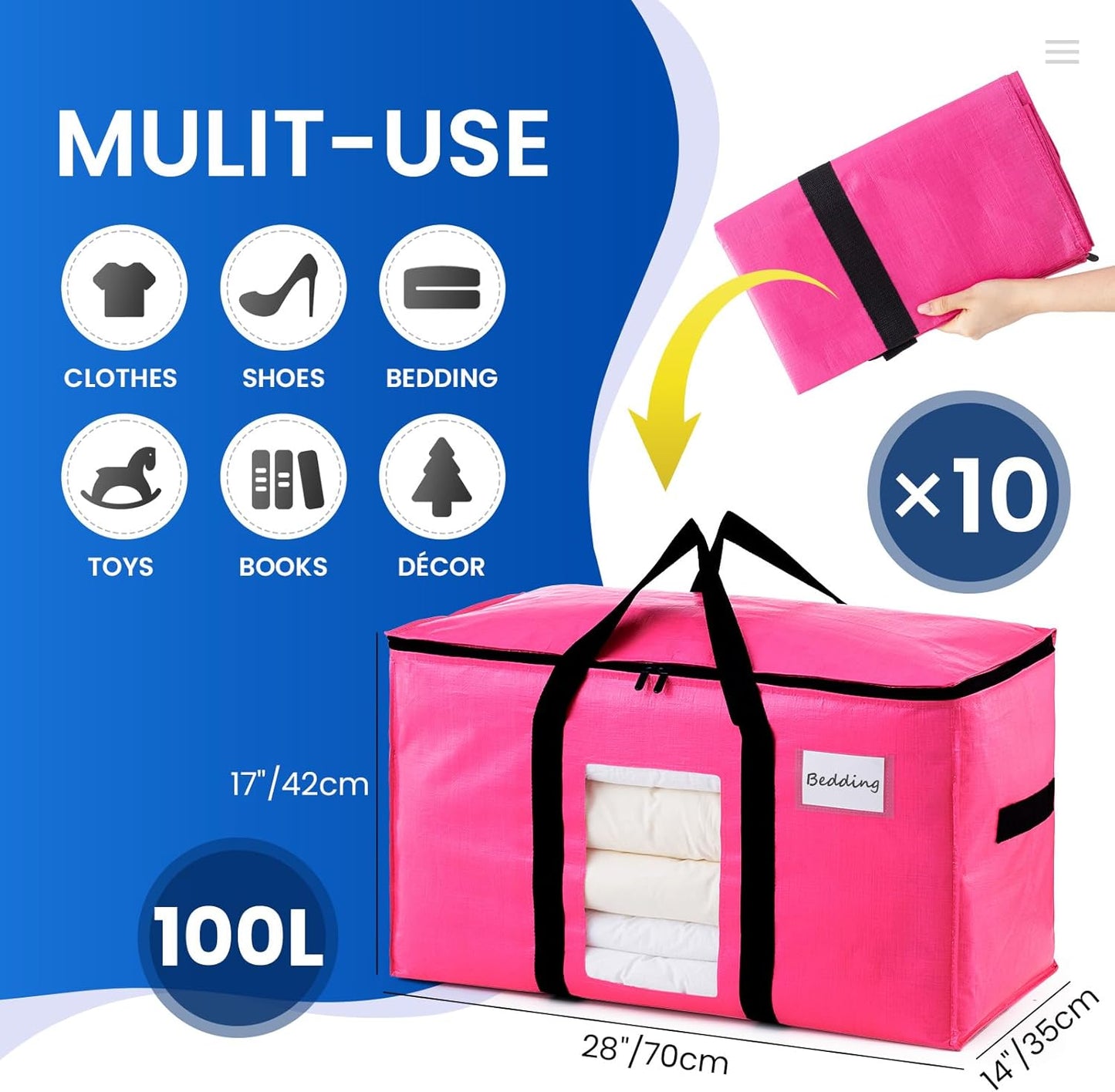 TAILI 10 Pack Pink Extra Large Moving Bags, Heavy Duty Totes with Visible Window, Wrap Around Handles, Ideal for Storage, Space-Saving