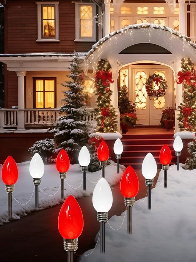 12 Pack Large C9 Christmas Decorations Outdoor Waterproof, Solar C9 Christmas Lights Outdoor with 2 Modes, Solar Pathway Light for Outside Party Yard Lawn Patio Walkway Xmas Decoration (Red and White)