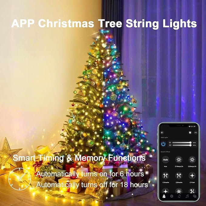 Smart Christmas Tree Lights with Ring,6.6ft 16 Lines String Light,400 LED Fairy Light,APP Control Music Sync LED Lights for 4-10ft Indoor and Outdoor Christmas Tree Decoration(Warm White & Multicolor)