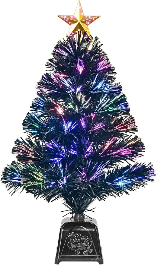 24inch Black Fiber Optic Christmas Tree,Pre-Lit Artificial Mini Christmas Tree, Tabletop Small Xmas Tree with Stars Holiday Home Decorations