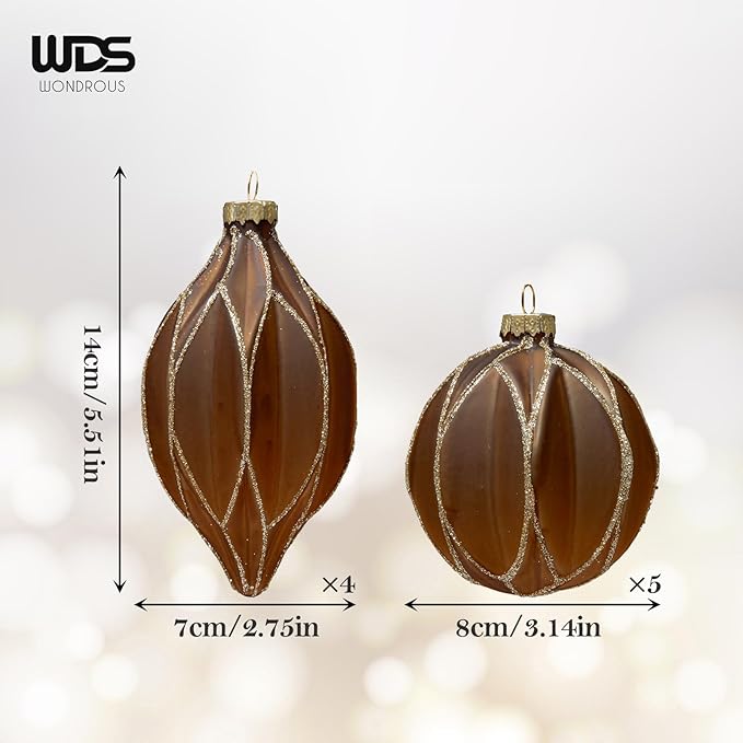 WDS WONDROUS Christmas Ball Ornaments, Vintage Ball & Teardrop Xmas Tree Ornament Set, Hanging Assorted Glass Balls for Holiday Home Party Decor (9Pcs, Brown & Gold Line)