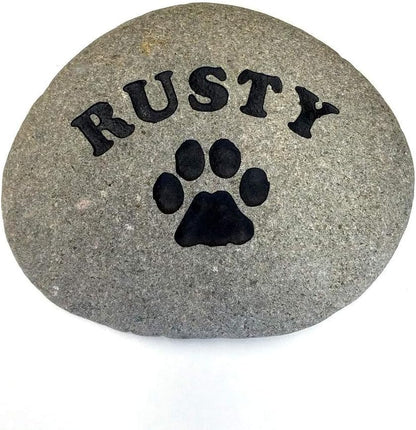 Personalized River Stone Pet Memorial Stones Headstone Grave Marker for Dog or Cat 8 inches to 10 inches Natural Rock Customized with Name and Paw Print