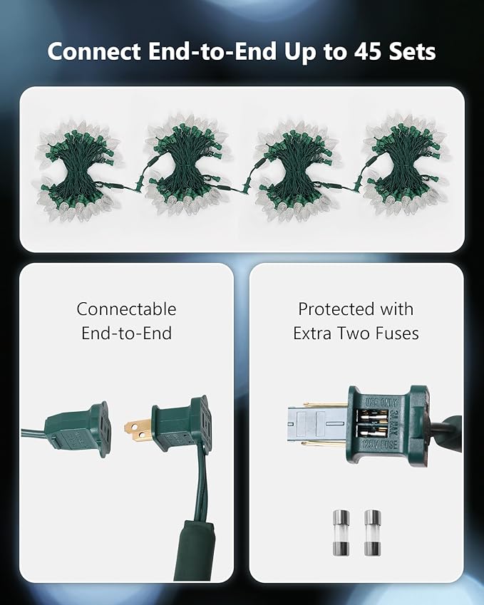 2-Set C7 LED Christmas String Lights, 25.16FT 50 LED Connectable Outdoor Indoor Decorative Light Strand, Cool White Xmas Holiday Lights for House, Christmas Tree, Patio, Party Decoration, UL Listed