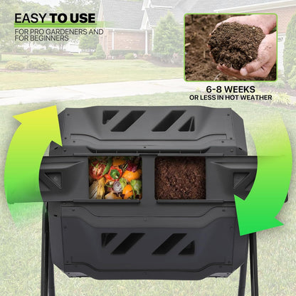 Magshion 43 Gal Chamber Compost Tumbler Outdoor Tumbling Composting Bins High Volume Garden Composter w/Dual Chamber Sliding Doors for Gardening, Black Sliding Doors