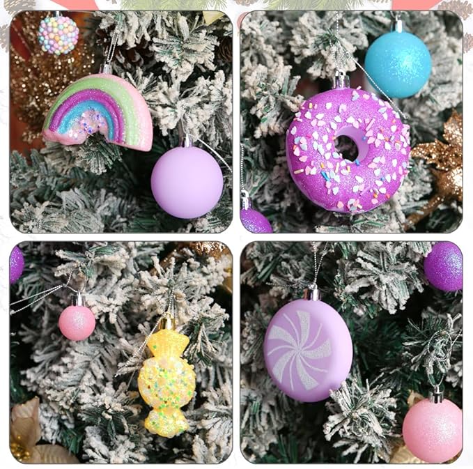Christmas Tree Ornaments Set - 40 Pack Shatterproof Pink, Yellow, Light Green Xmas Decorations for Home, Holiday Party, Centerpiece, Garland