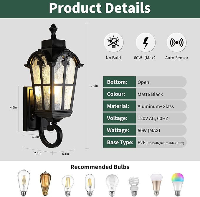 Motion Sensor Dawn to Dusk Outdoor Sensor Light Fixture Waterproof Porch Lights Anti-Rust Exterior Lighting Outdoor Wall Lantern Outside Wall Light for Patio Front Door Garden Garage -2 Pack