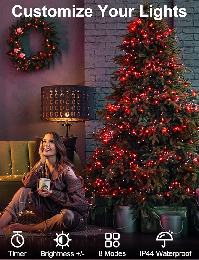 JXLEDAYY 403 FT 1000 LED Christmas Lights Outdoor Fairy Lights Plug in Extra Long String Lights Clear Wire Waterproof 8 Modes Timer for Outside House Tree Garden Yard Wedding Party Decorations-Red