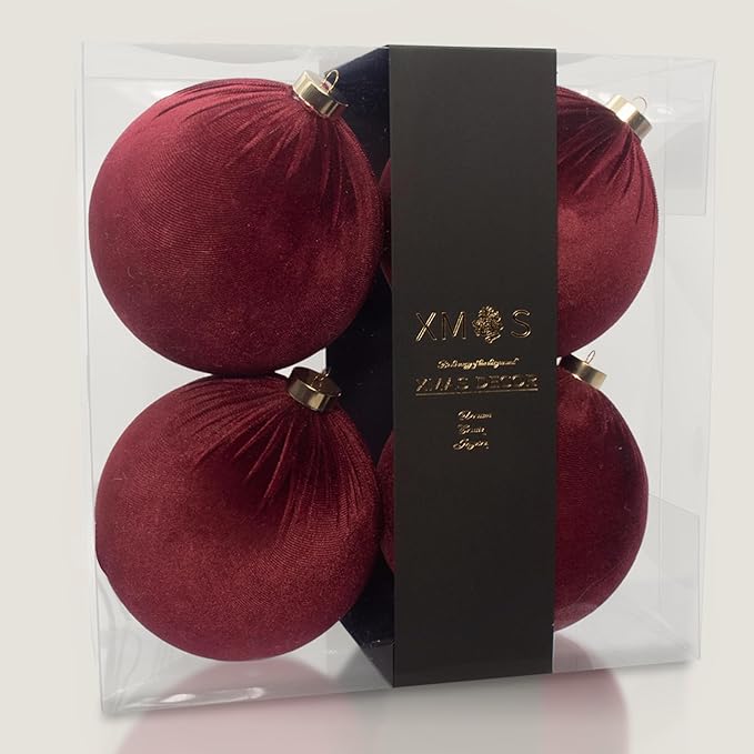 4PCS Red Velvet Christmas Ornaments Set – 6 Inch Large Flocked Shatterproof Baubles for Xmas Tree Decoration, Hanging Ornaments for Holiday & Home Décor (Burgundy Red, 6 Inch / 15 cm)