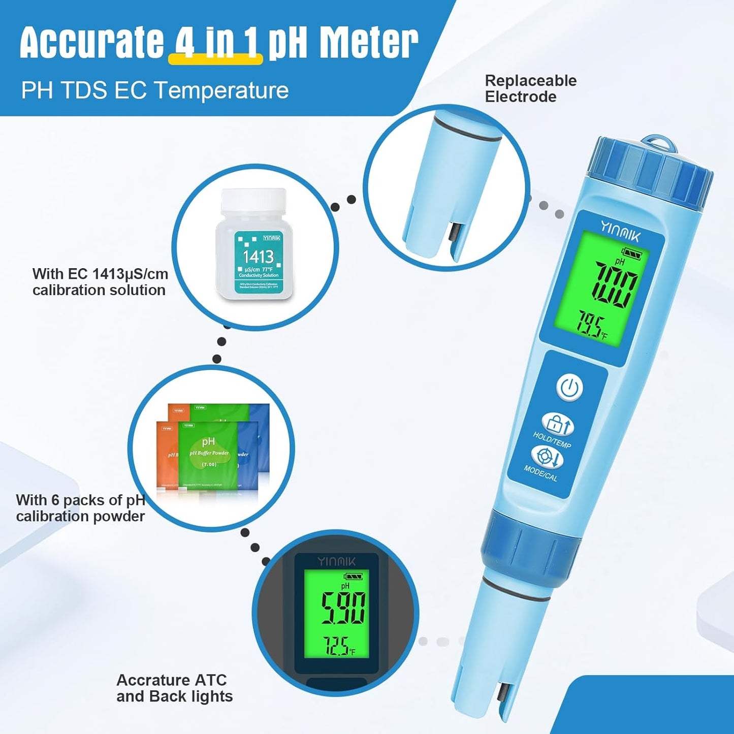 Water pH Meter, Digital 4 in 1 pH Temp EC TDS Meter for Hydroponics, PH Conductivity PPM Tester with EC Calibration Liquid, Suit for Growing Nutrients,Reservoir Tank,DWC,Brewing,Pool, Aquarium