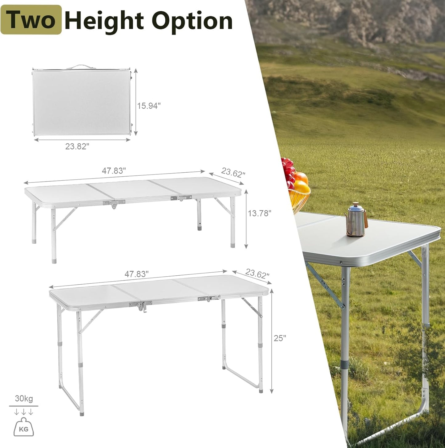 4.0 Ft Folding Portable Camping Table, Adjustable Height, Outdoor Waterproof Aluminum Lightweight Suitcase Table for Picnic, BBQ, Beach, Dining