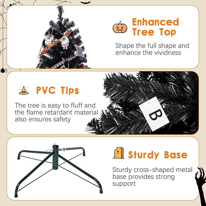 5FT Black Christmas Tree, Small Artificial Halloween Tree with 600 Branch Tips, Xmas Full Tree for Indoor Holiday Carnival Party,Foldable Metal Stand