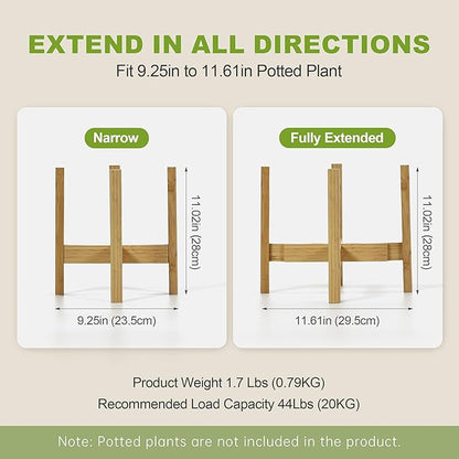 Adjustable Plant Stand Indoor with Detachable Wheels Bamboo Mid Century Modern Plants Stands Expandable Plug in Assemble Flower Pot Stand,Fit 9.25" to 11.61", Natural