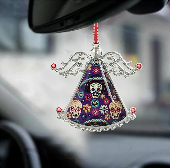 XUTAI Angel Christmas Tree Ornaments Sugar Skulls Flowers on Dark Glass Hanging Angel Glass Pendant for Holiday Decoration