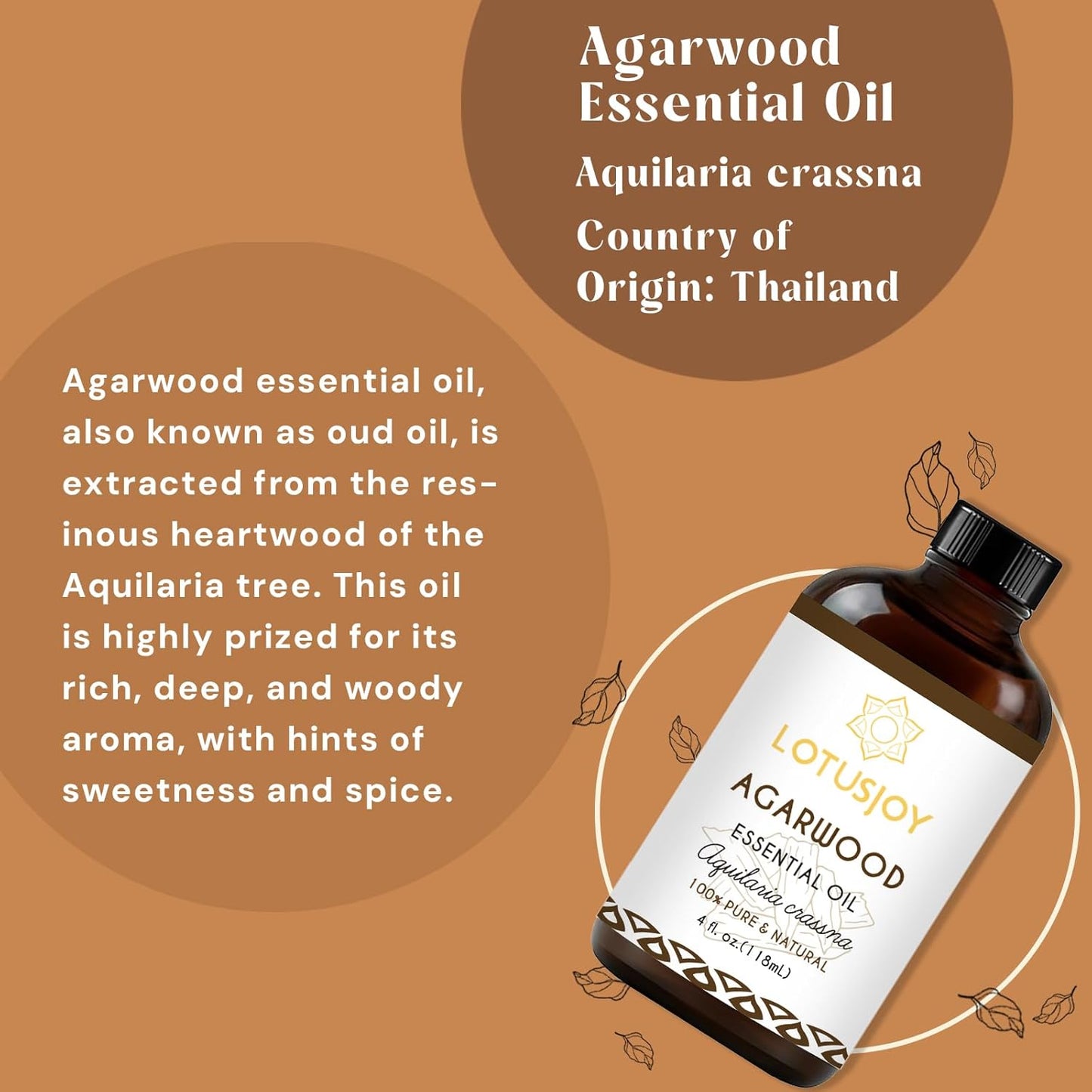 Agarwood Essential Oil, Pure Natural Organic Oud Essential Oil for Diffuser Meditation and DIY Cosmetic Making - 4 Oz