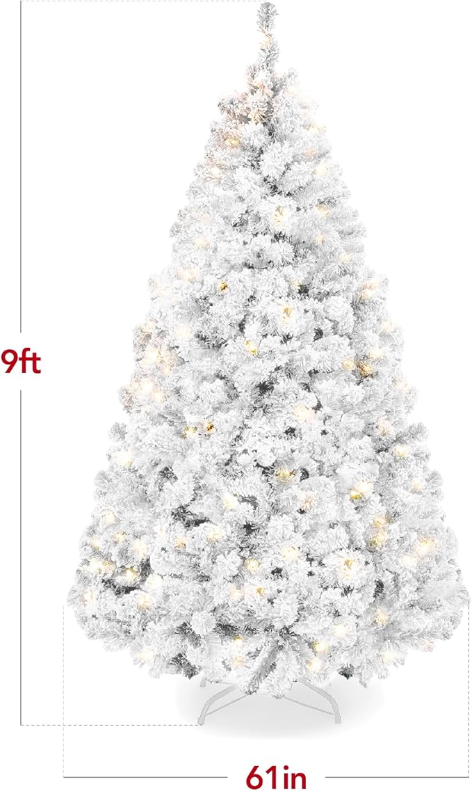 Best Choice Products Pre-Lit White Christmas Tree, 9ft Artificial Snow Flocked Full Fir Tree, Holiday Decoration w/ 900 Lights, 2,094 Branch Tips