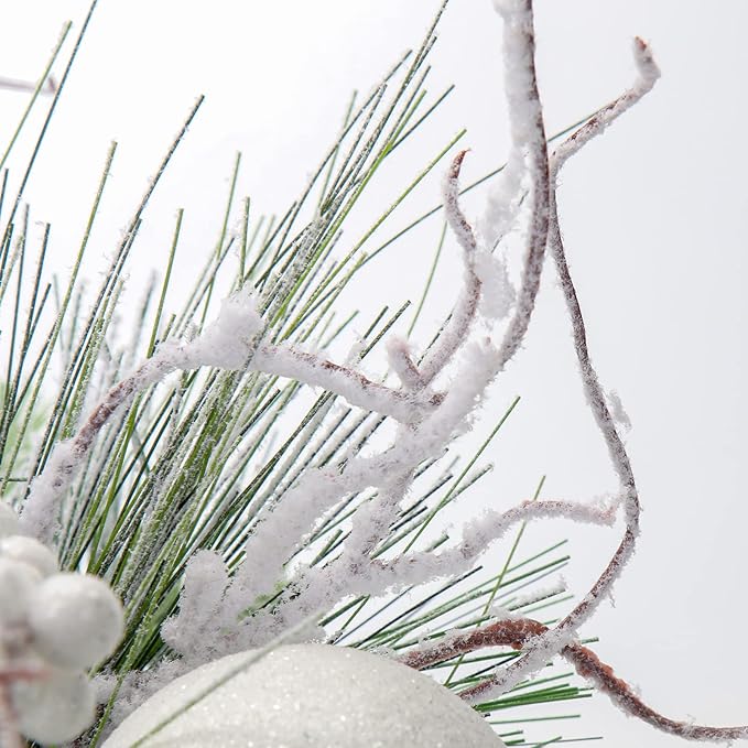 Briful 10 Inch Mini Christmas Tree Artificial Potted with Holly Pine Snowy and Black White Silver Xmas Balls Christmas Arrangements Centerpieces Ornaments Table Top Decor in 4.7'' Black Ceramic Pot