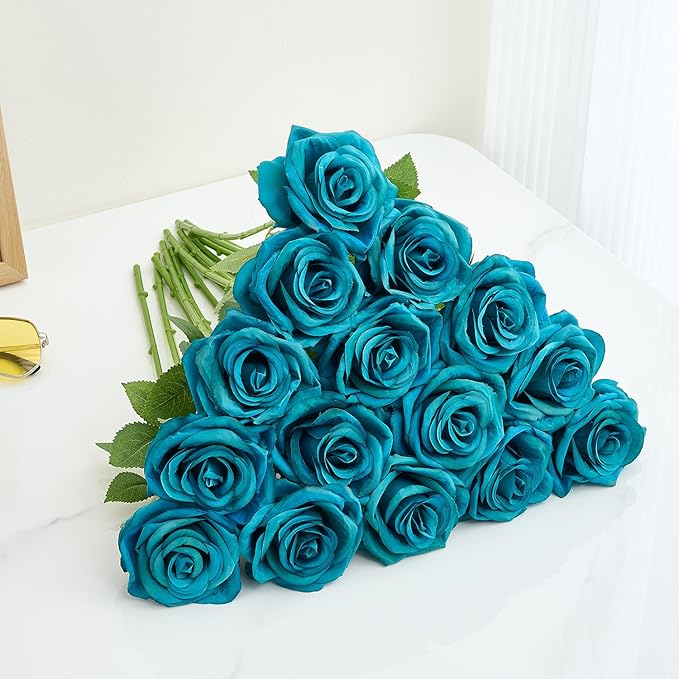 15pcs Fake Roses Artificial Silk Flowers Faux Rose Flower Long Stems Bouquet for Arrangement Wedding Centerpiece Party Home Kitchen Decor