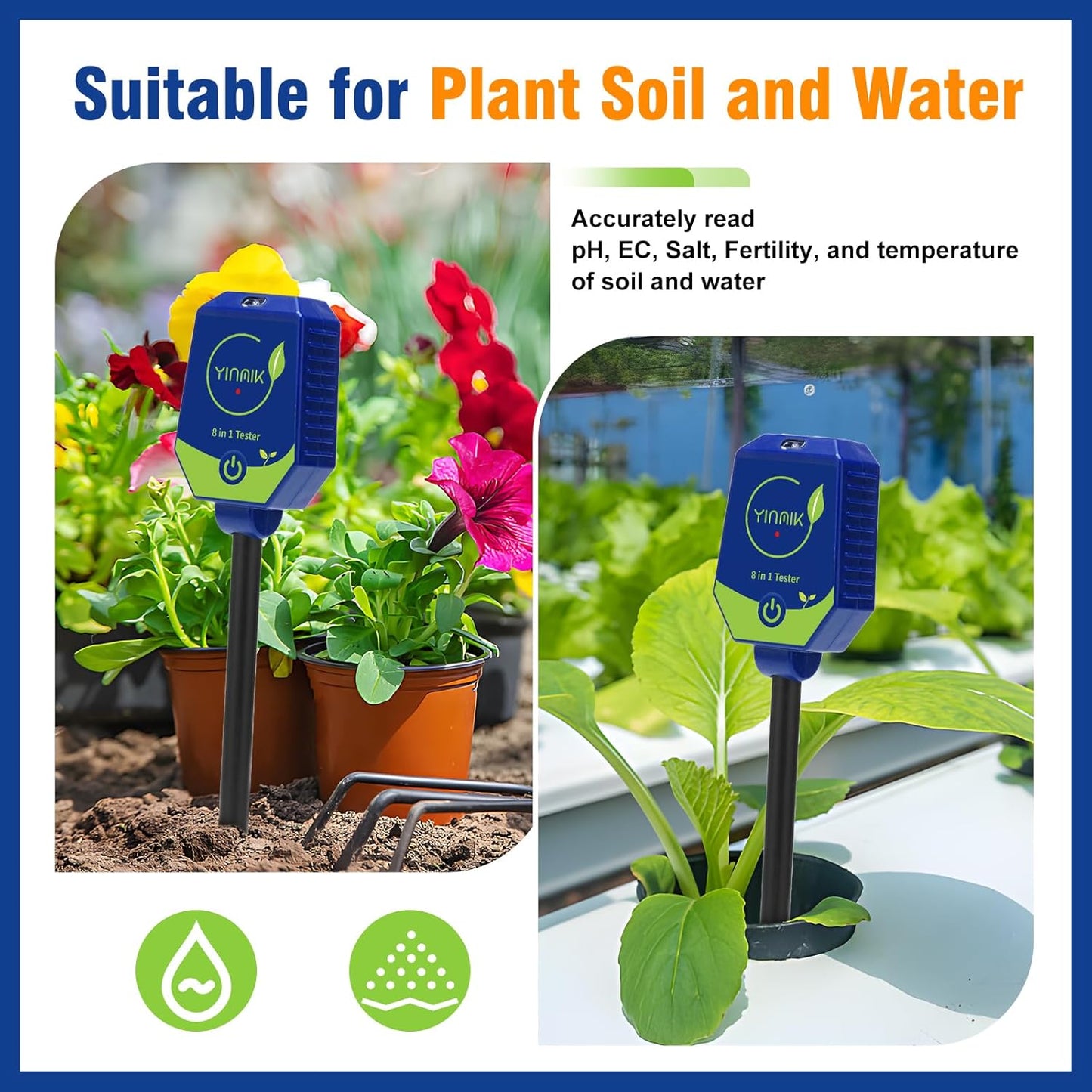 pH Moisture Meter Smart Soil Test Kit Garden pH Meter Hygrometer pH Conductivity Meter for Hydroponic 8 in 1 Farm pH Moisture pH Moisture EC Fertility Salt Sunlight Air Humidity Temp Tester