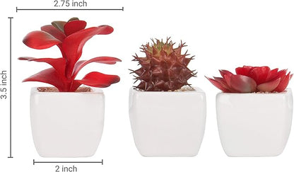 MyGift Assorted Artificial Red Succulent Plants, Mini Fake Desert Plants in White Square Pots, Set of 3