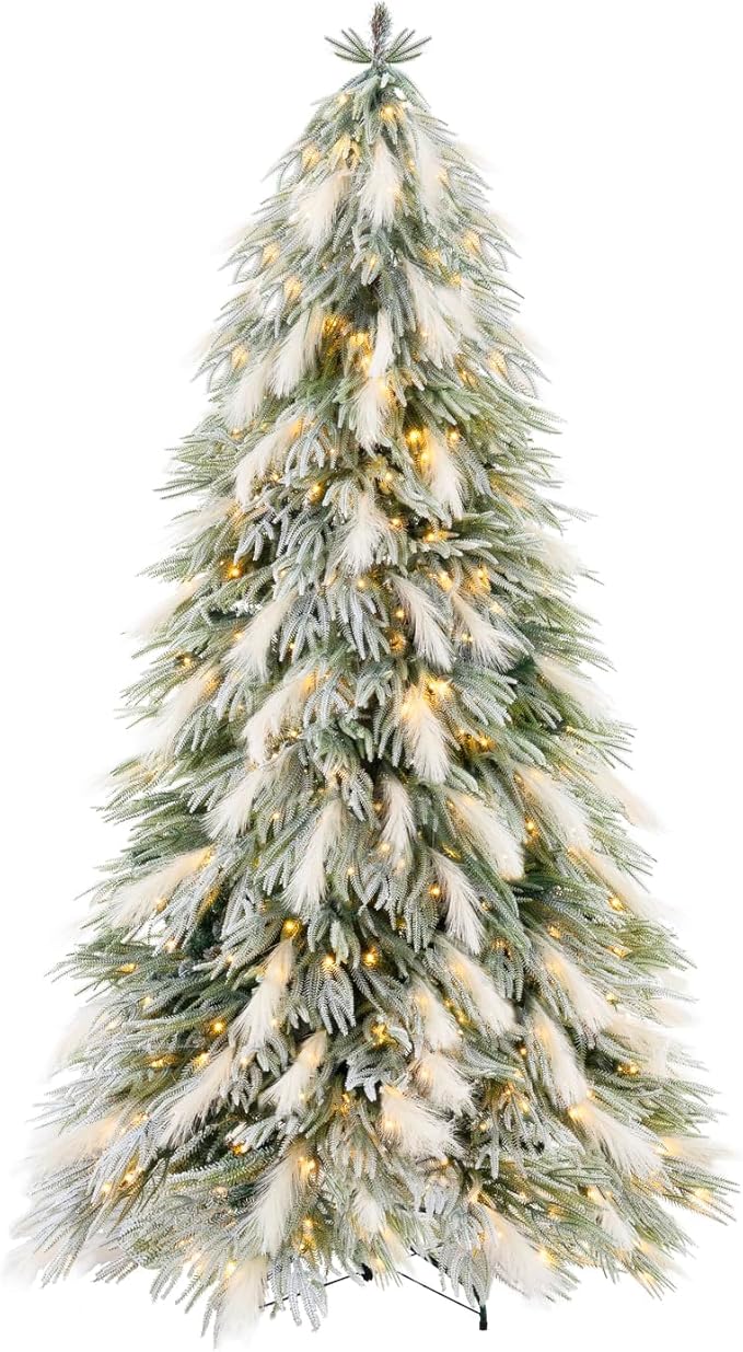 Makenna 7.5ft Snow Flocked Feathery Frosted Prelit Artificial Christmas Tree with 6478 Pampas Tips, 550 Warm Lights and Metal Stand, 48" Wide Realistic Snow Flocked Pine Christmas Tree with Lights