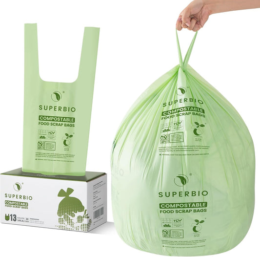 SUPERBIO 13 Gallon Compostable Kitchen Waste Bags with Handles, Food Scrap Bags Certified by BPI, OK compost INDUSTRIAL, 30 Count, 49.2L