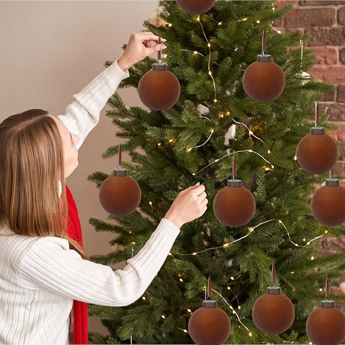 12 Pcs Velvet Christmas Balls Bulk Shatterproof Plastic Christmas Tree Decorations for Decorative Hanging Baubles (12, Brown, 3.15Inch)