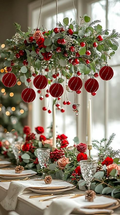 24PCS Velvet Christmas Ball Ornaments Set, 2.36" Shatterproof Baubles for Christmas Tree Decorations, Gold-Lined Hanging Baubles with Velvet Finish for Thanksgiving Holiday Party Décor, Red